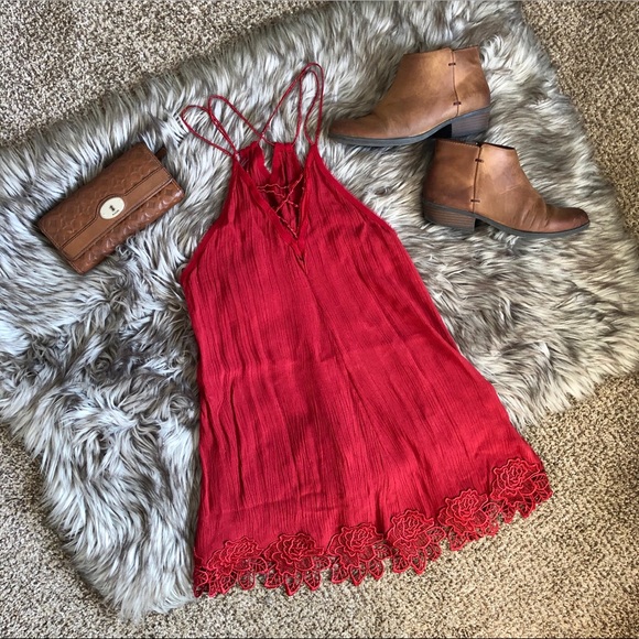 Free People Red Slip Dress with Rose Trim - Picture 2 of 4